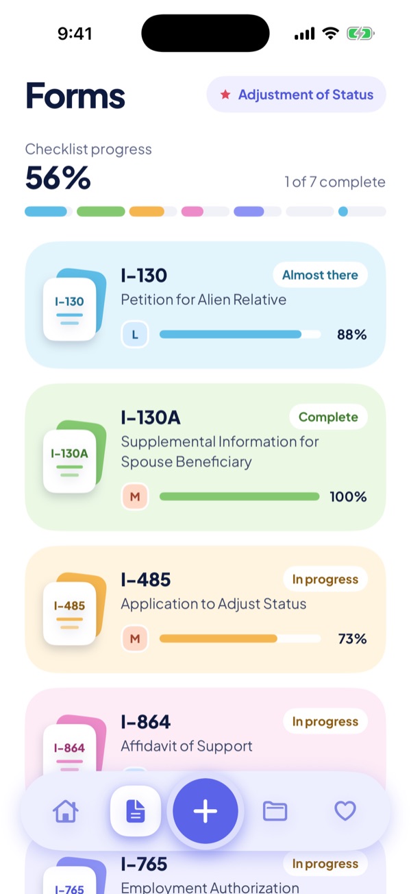 Forms screen for adjustment of status: checklist progress at 56%, with the I-130, I-130A, I-485 and I-864 and how far along each one is.
