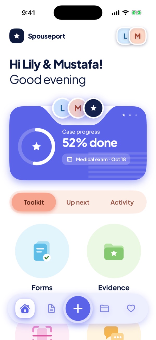 Spouseport Home screen for Lily and Mustafa: case progress at 52%, their next date (a medical exam on October 18) and shortcuts to Forms and Evidence.