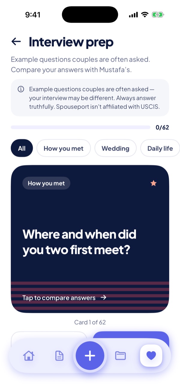 Interview prep screen with the example question “Where and when did you two first meet?”, topic filters, and a note that a real interview may be different.