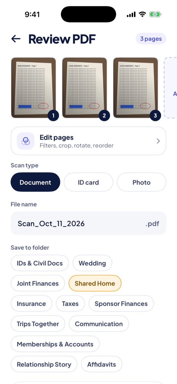 Scanner review screen: three scanned pages saved as one PDF, with a file name, a scan type and a choice of folder.